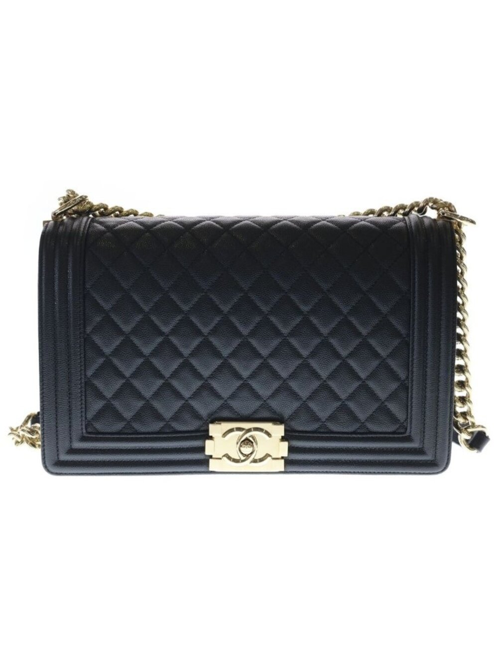 Chanel Boy Chain Shoulder Bag Large Black Caviar Leather Gold